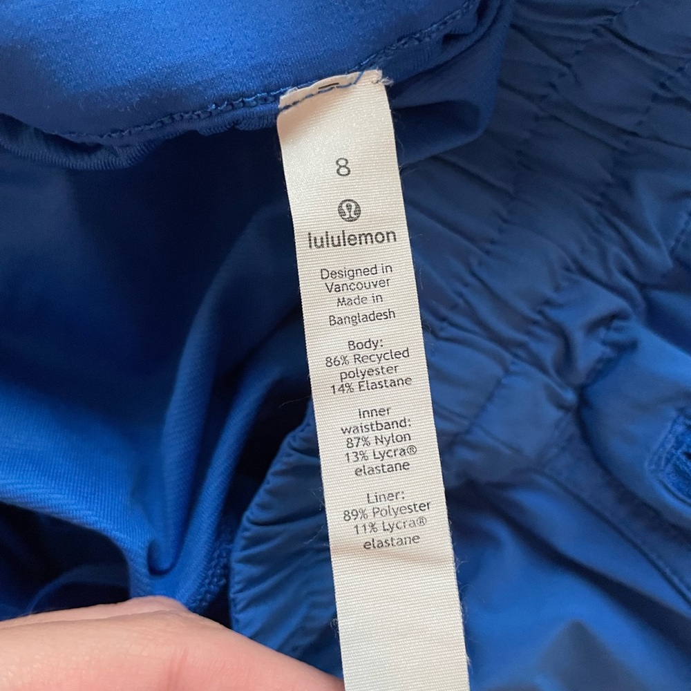 Blue lululemon running shorts. True color shows up in the first photo
